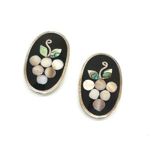 Vintage Alpaca Black Enamel Mother-of-Pearl Grape Motif Oval Earrings Clip-on